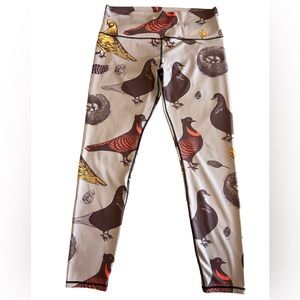 Beige Bird-Print High-Rise Leggings